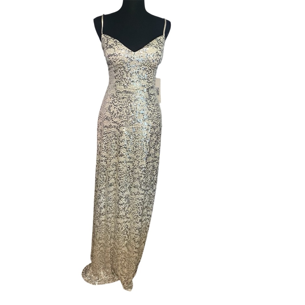 Emerald Sundae Juniors' Glitter Draped Front Gown in Silver, size XL.